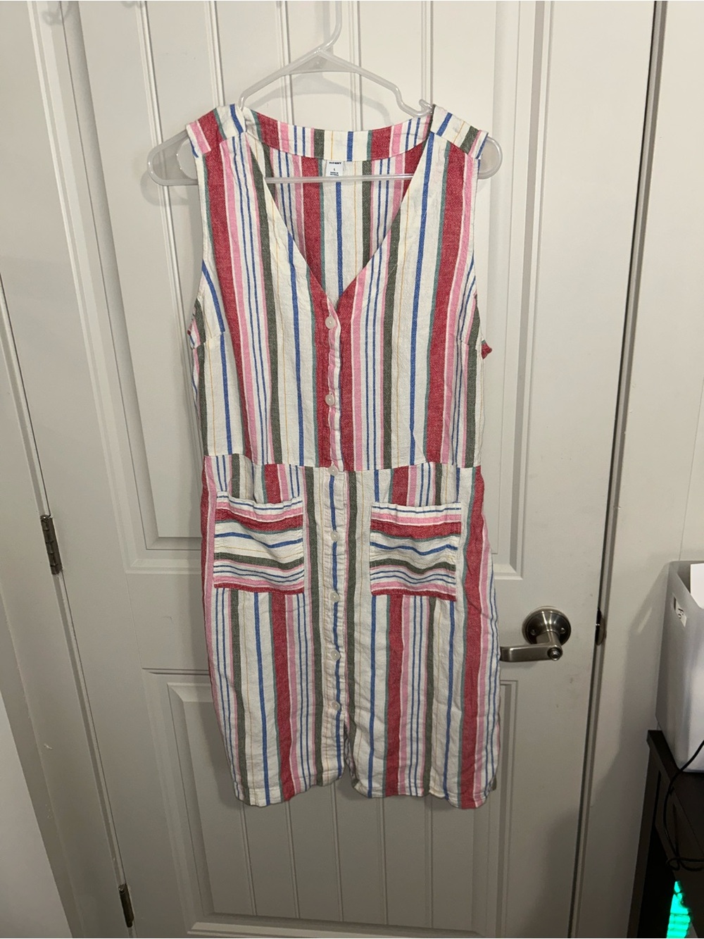 Striped Sleeveless Button Dress in Red, Blue & Cream